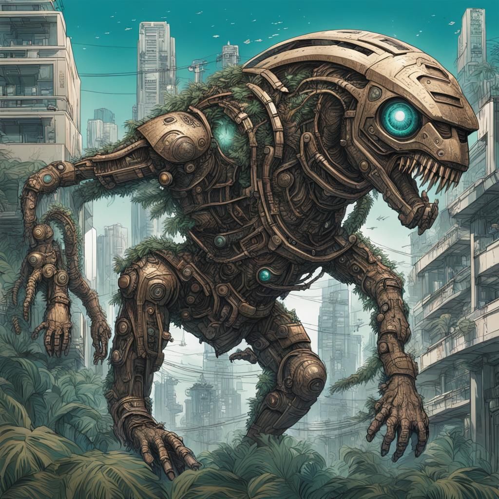 tropical foliage based kaiju with corroded biomechanical ele...