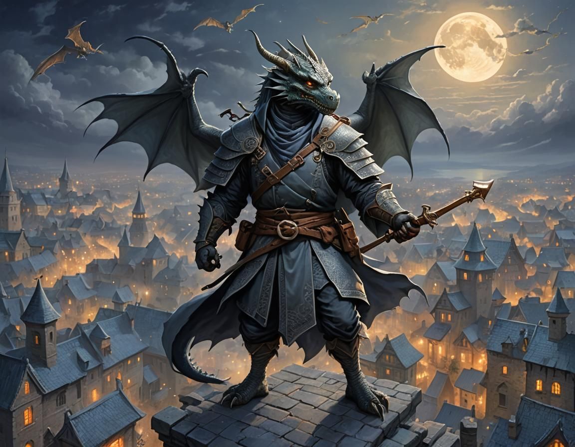 Dragon Ninja on Rooftop in Ethereal Fantasy Style