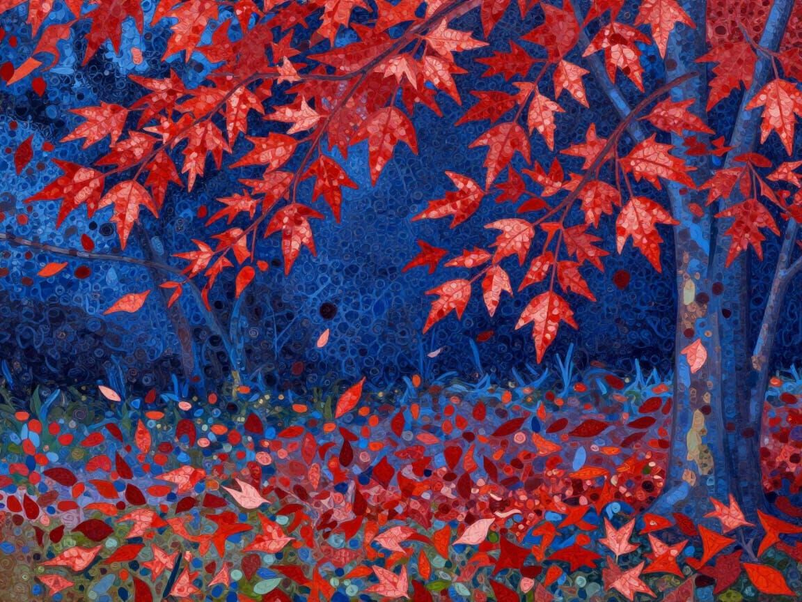Pointillism Garden Landscape with Vibrant Red Leaves