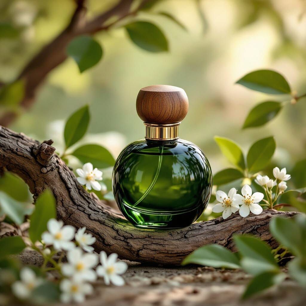 Perfume Bottle on Branch in Editorial Photography Style