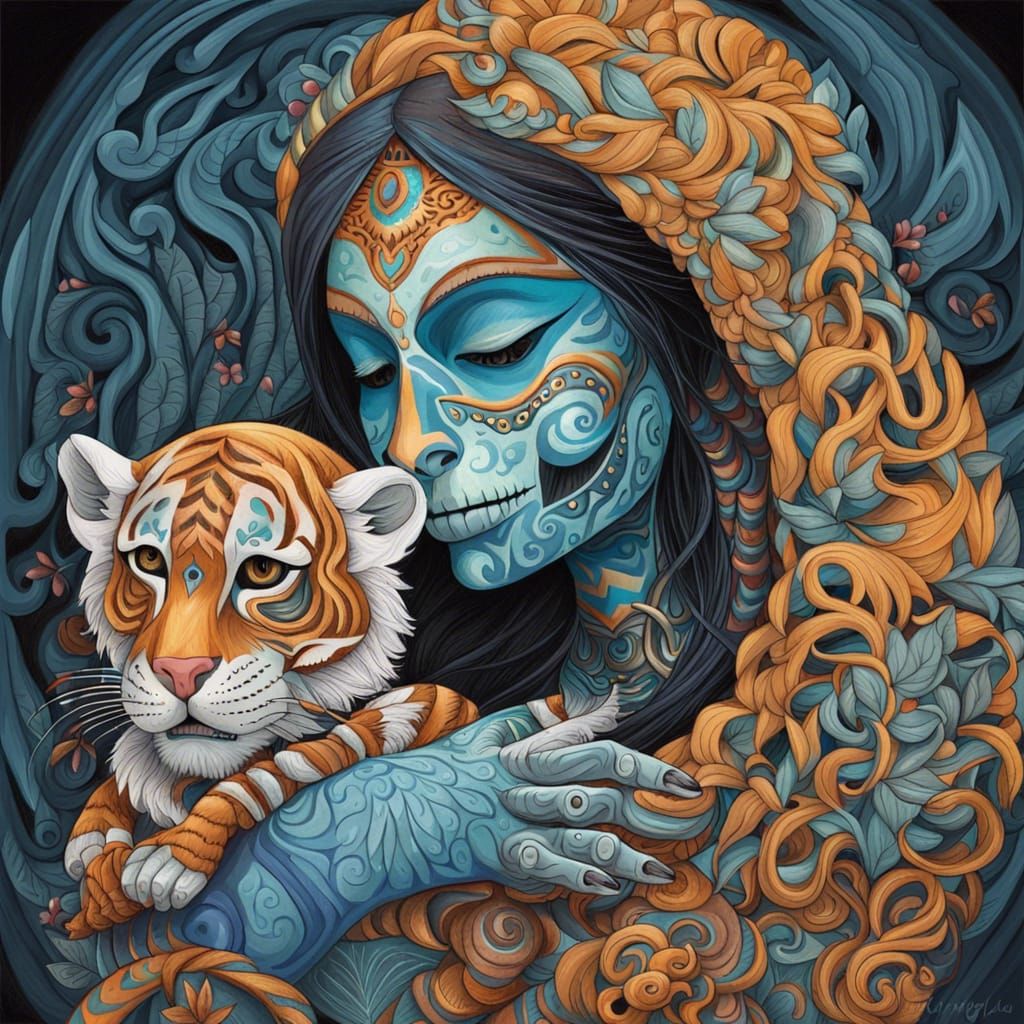 Indian Skeleton Woman with Tiger Cub: Gouache Painting