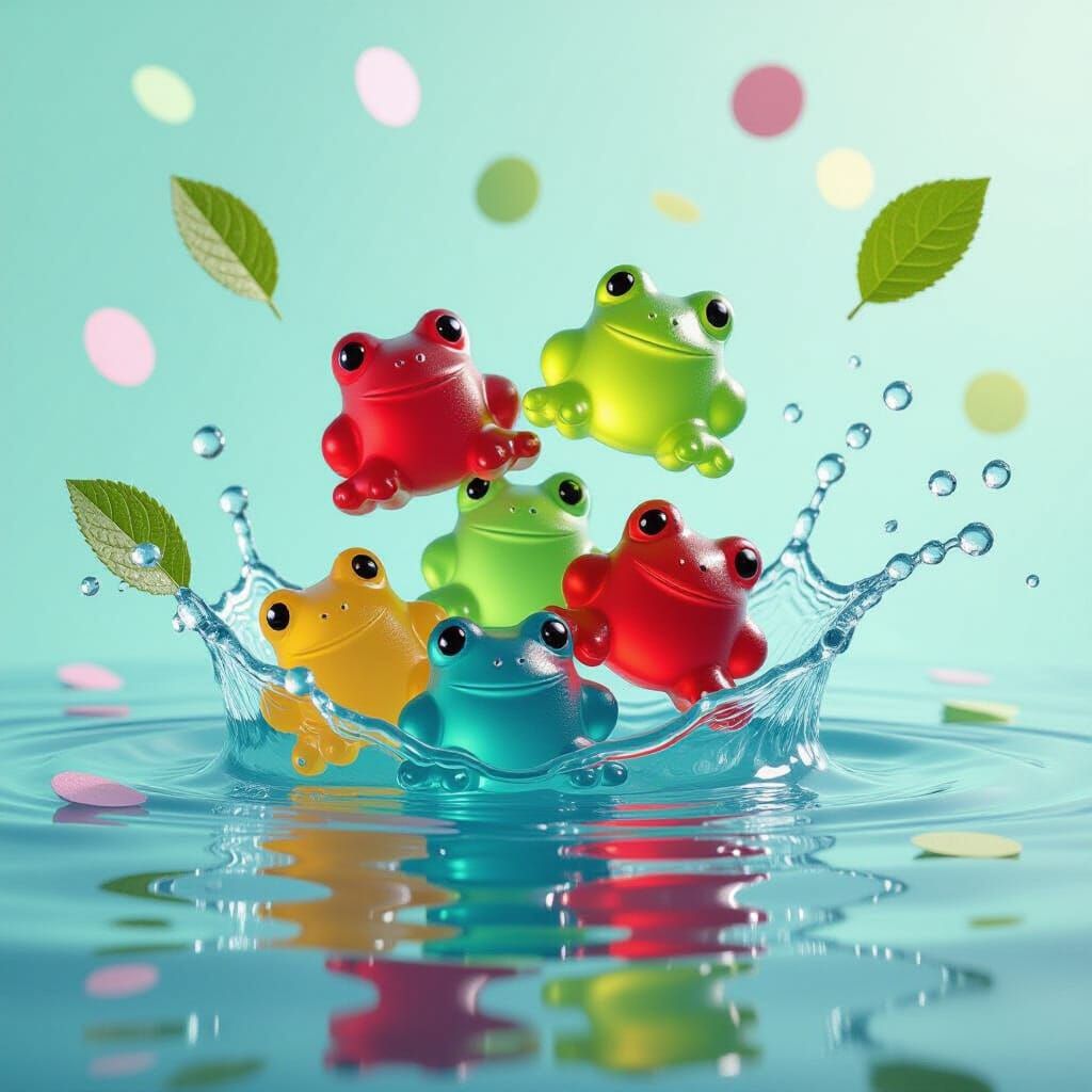 Gummy Frog Candies Splash in Hyperrealistic Still Life