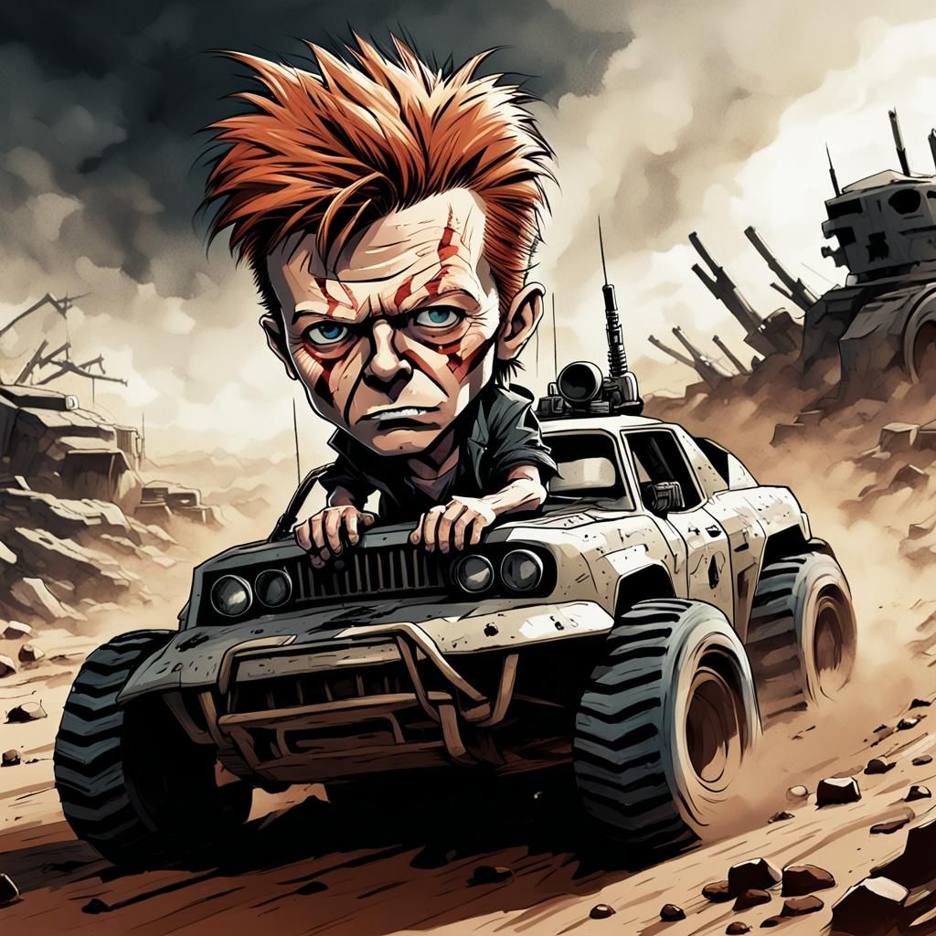 In a high-speed Mad Max style intensity, a chibi  David Bowie is racing in  a  Spider shaped tank with treads, furious e...