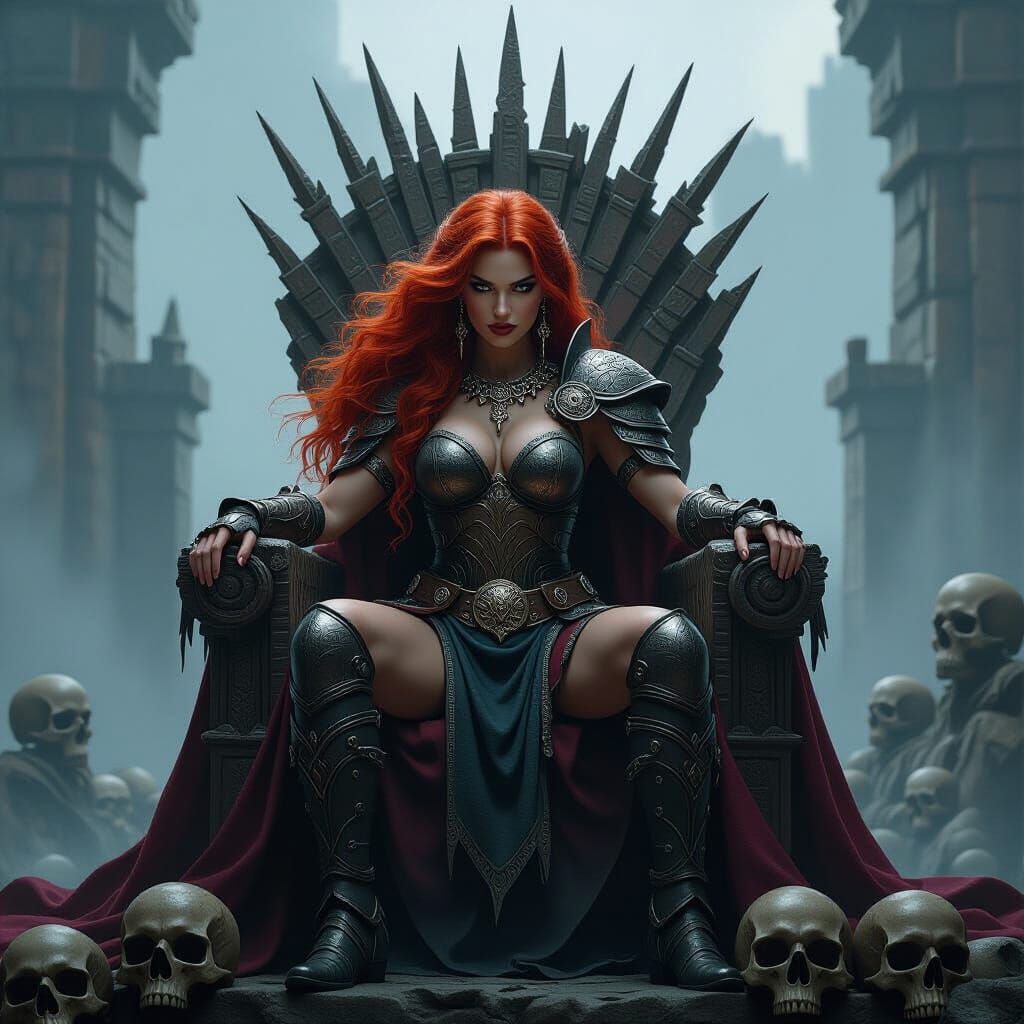 Barbarian Queen on Skull Throne in Splash Art Style