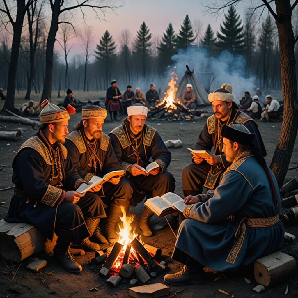 Cossacks Gather Around Campfire in Traditional Ukrainian Att...