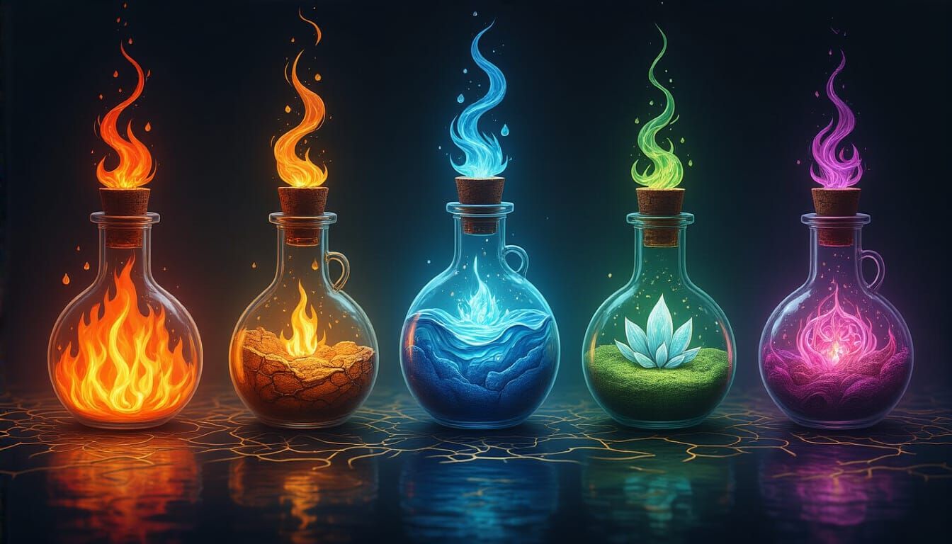 Glowing Elemental Potions in Alcohol Ink Style