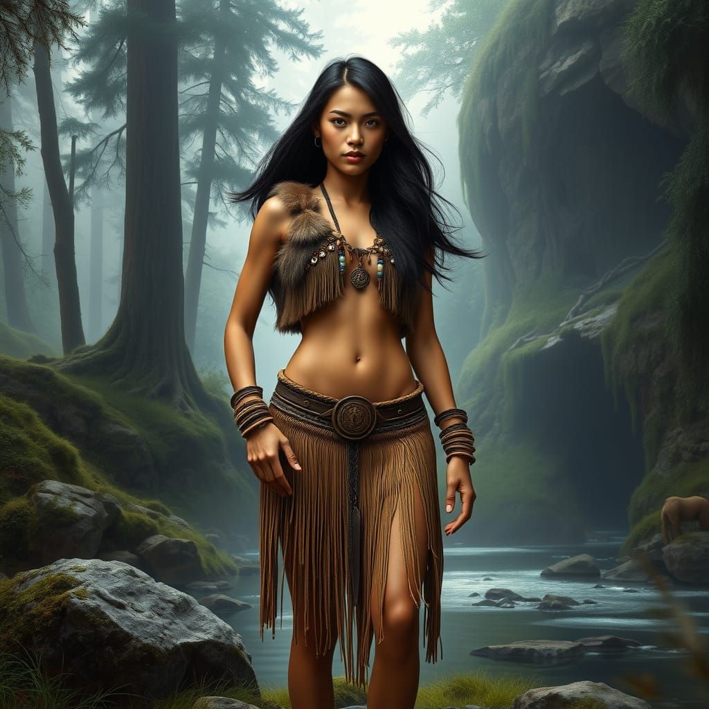 Cave Woman in Misty Forest, Photorealistic Fantasy