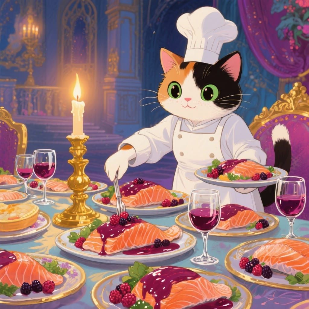 Adorable Calico Chef Cat Serves Salmon in Palace