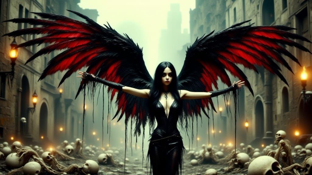 Fallen Angel in Ruined City, in Gothic Style