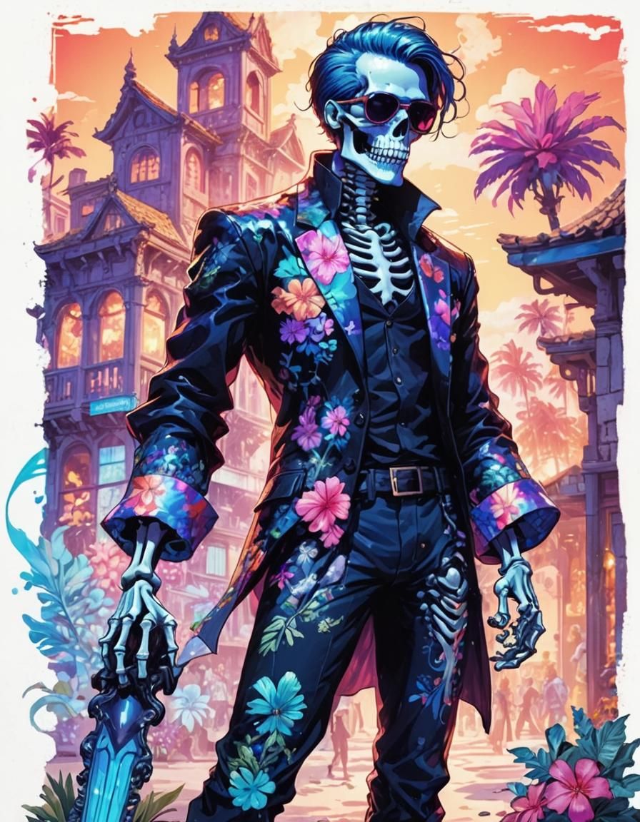 Cool Skeleton's Beach Vacation in Manga Style