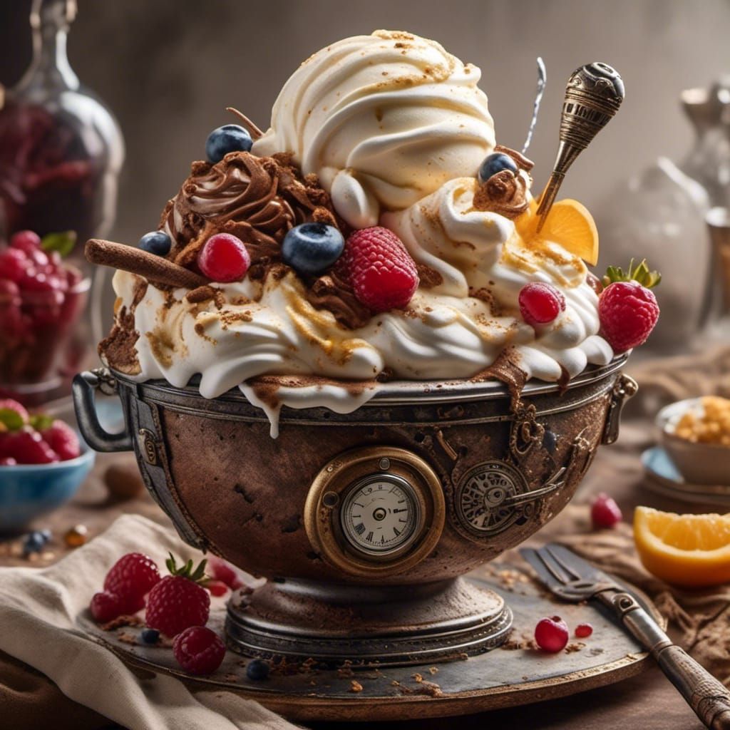 Photorealistic Steampunk Ice Cream Sundae