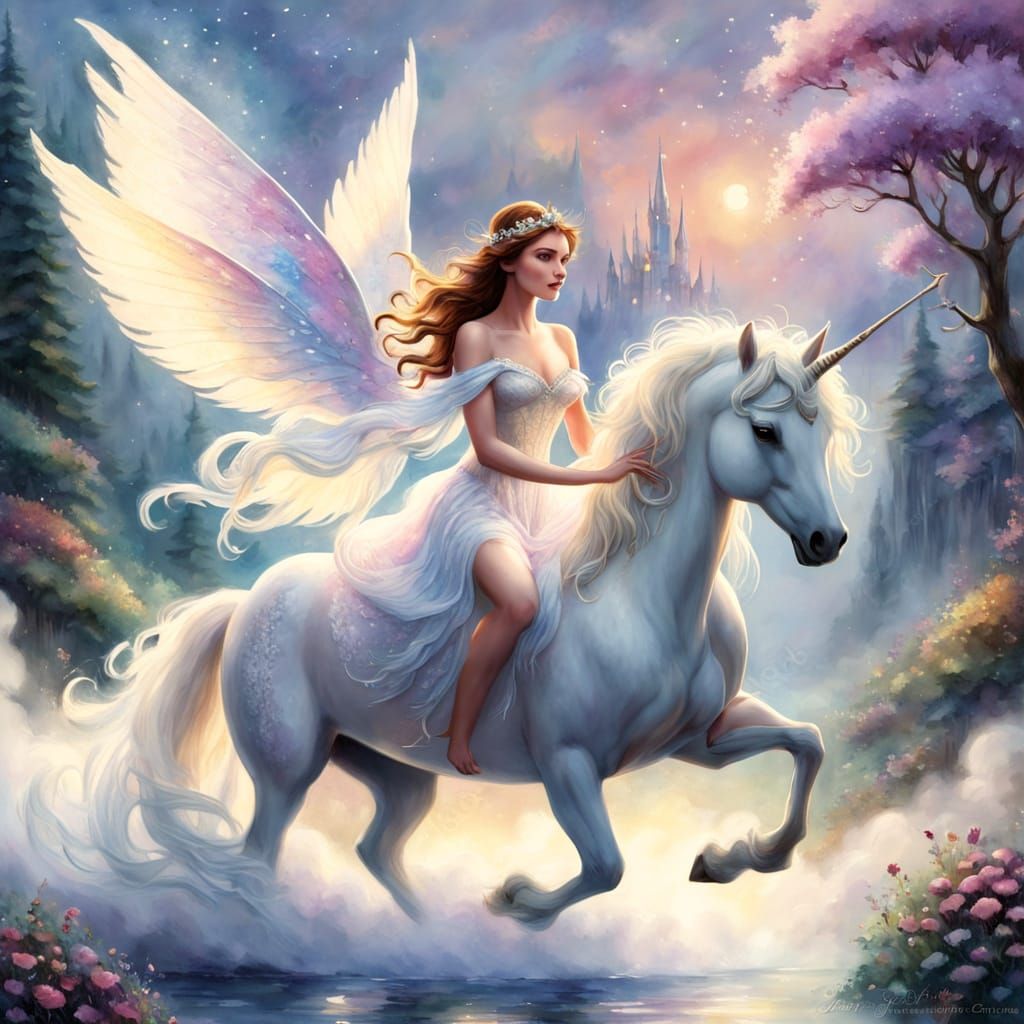 Whimsical Fairy Rides a Majestic Unicorn in a Dreamy Landsca...