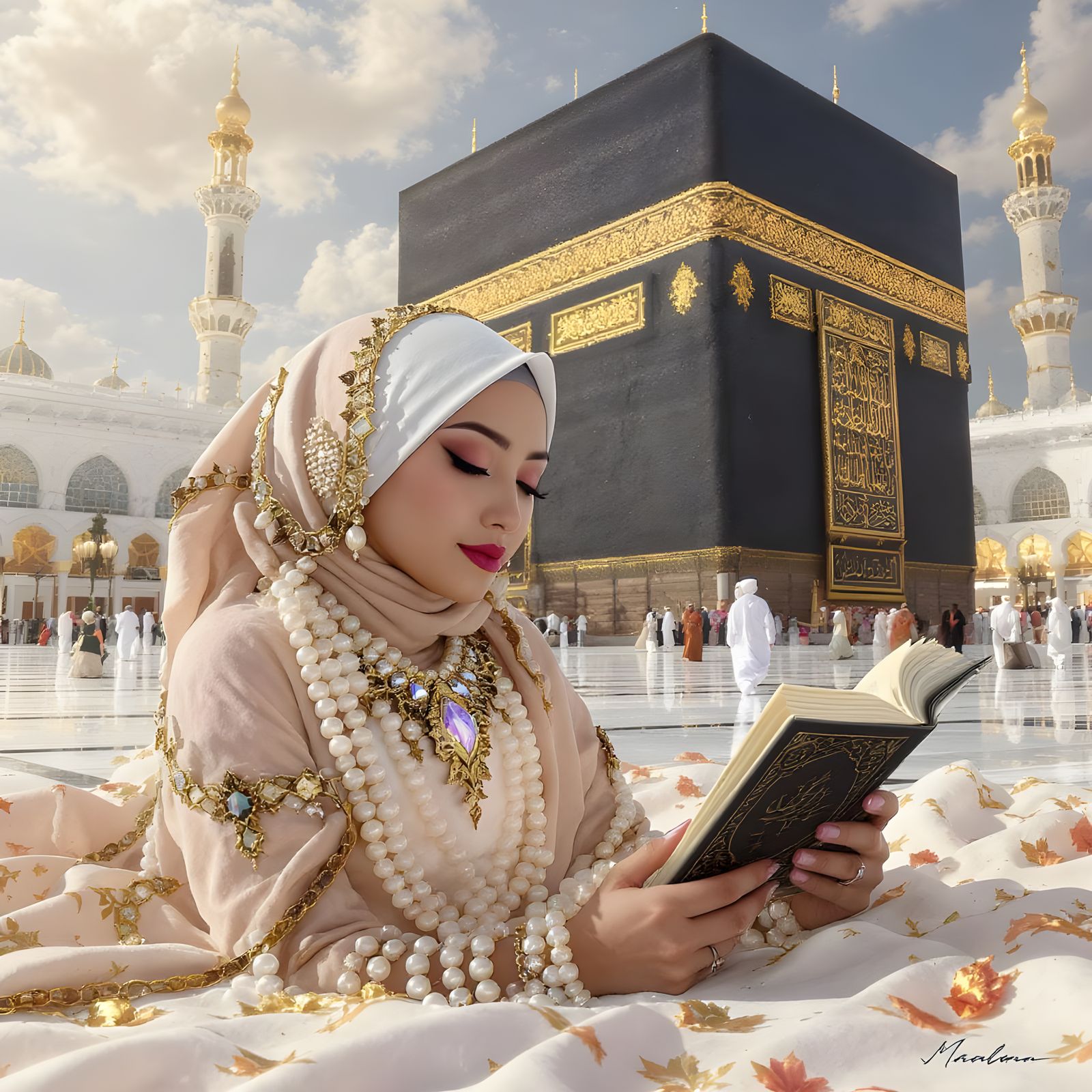 Woman Reading Quran in Front of Ka'bah, Pearl Jewelry