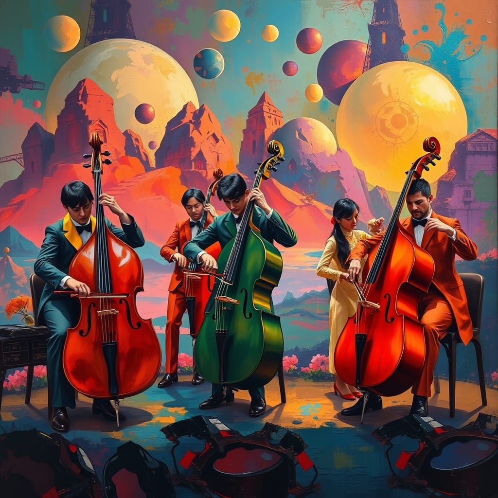 A vibrant abstract painting depicting five musicians playing double bass and cello, set against a colorful backdrop. The...
