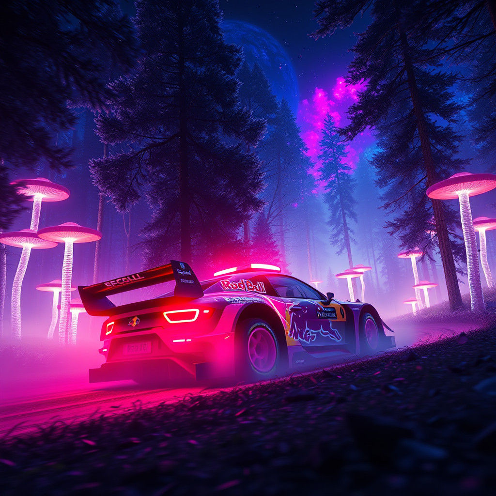 Neon Red Rally Car in Futuristic Forest