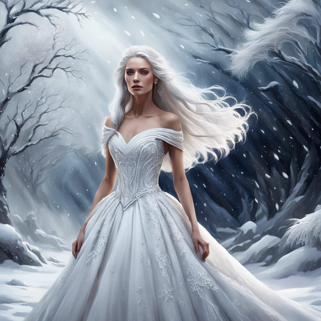Elegant Woman in White Ballgown in Snowy Scene