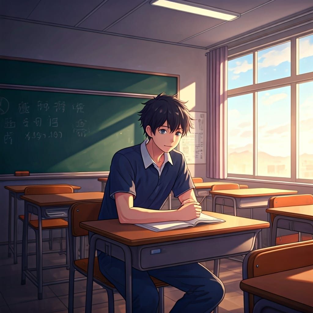 Anime Boy in a High School Classroom