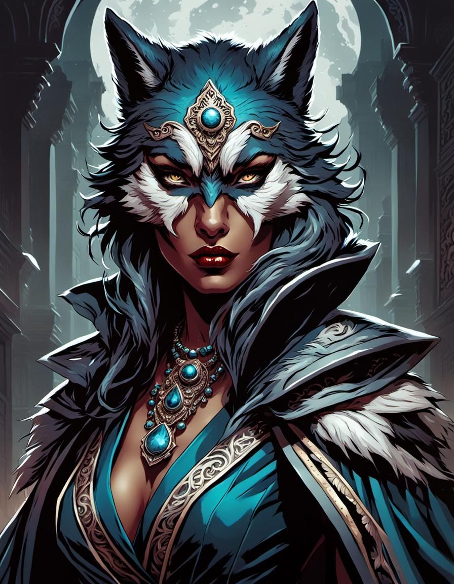 A wolf woman with wolf head,face and eyes dressed in extravagant clothes