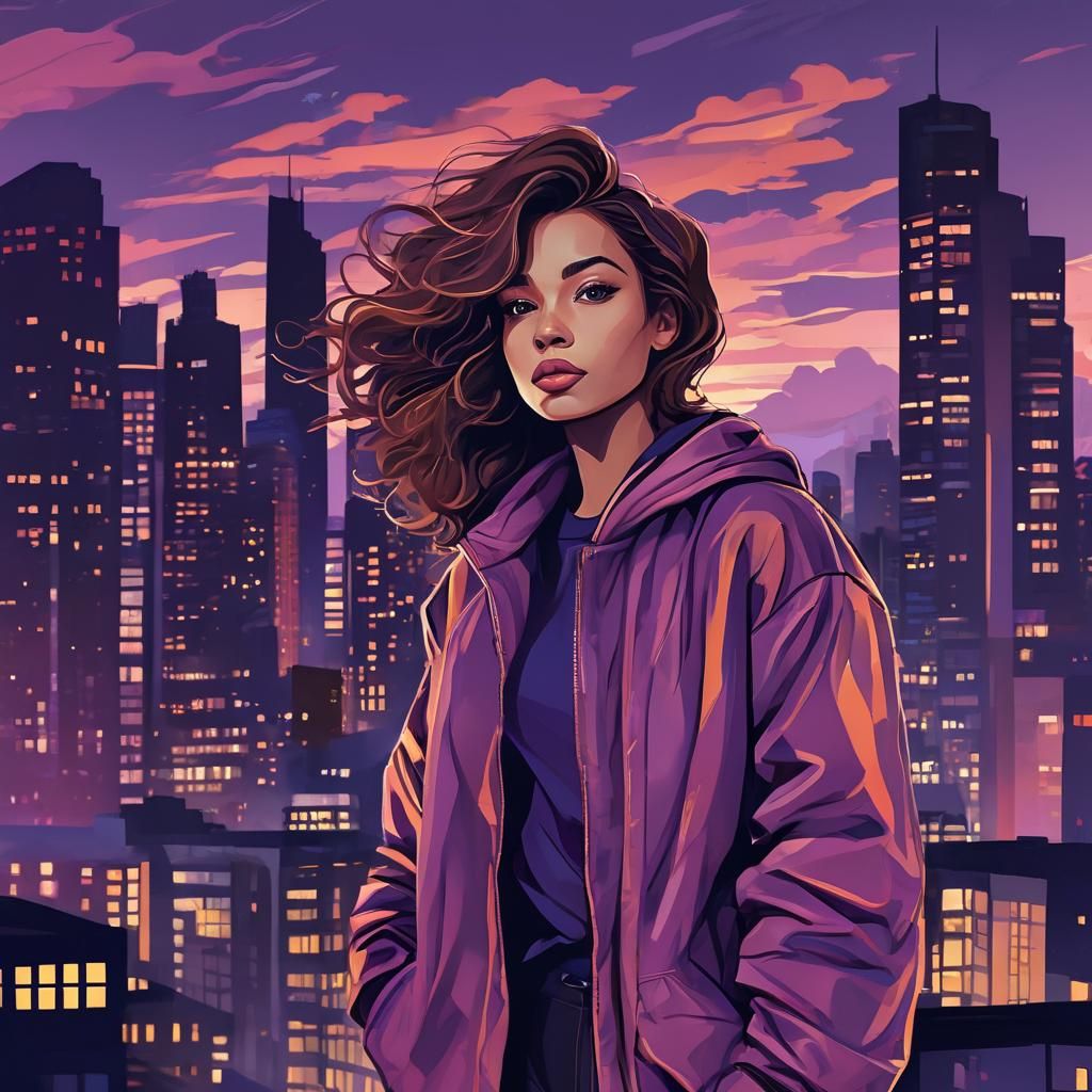 Woman in Vibrant Cityscape: Minimalist Pop Art Portrait