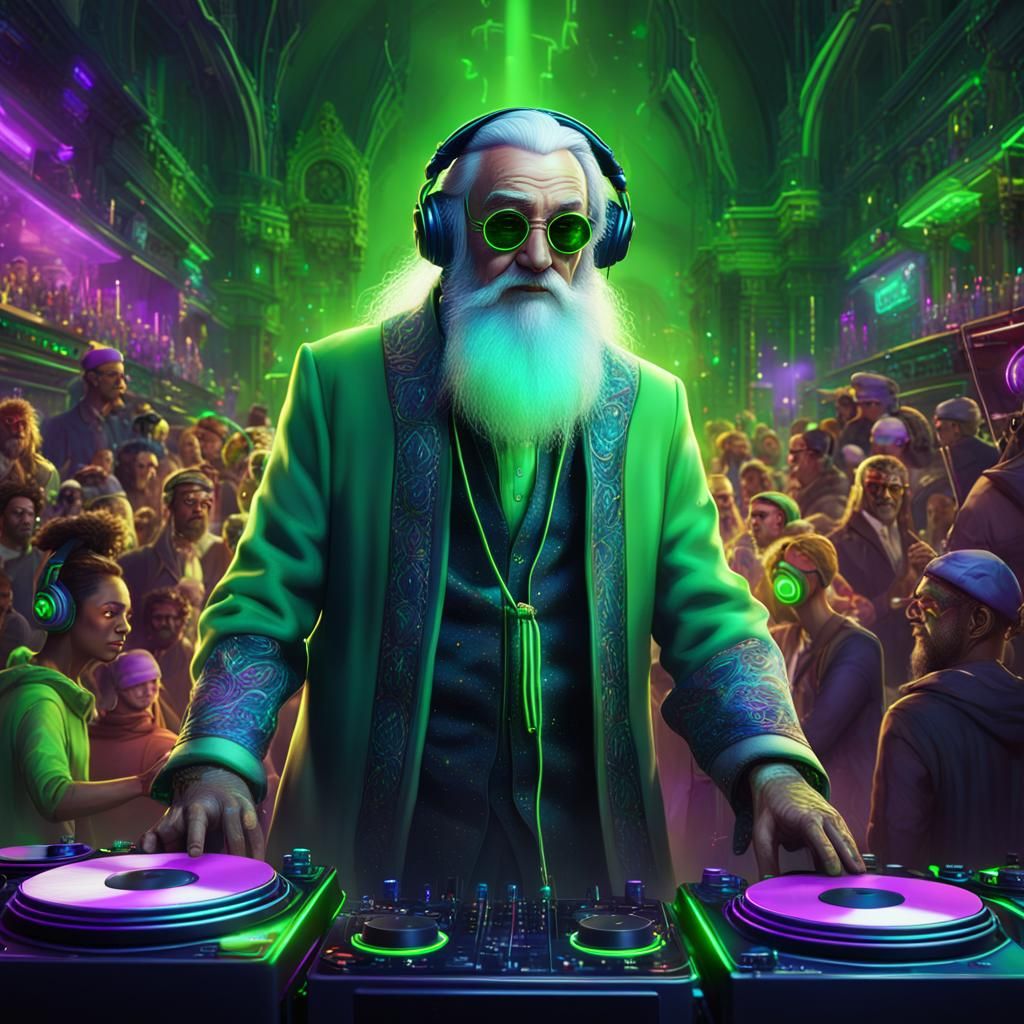 Dumbledore as Nightclub DJ in Fantasy Art Style