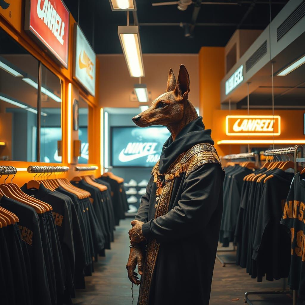 Anubis in Modern Store, Surreal Egyptian Style