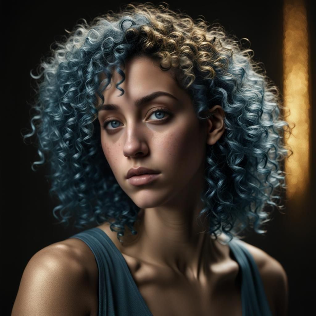 Stunning Woman with Curly Blue Hair: Hyperrealistic Photo