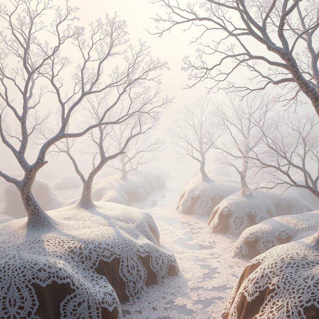 Dreamlike Realm of Translucent Lace and Frosty Mist