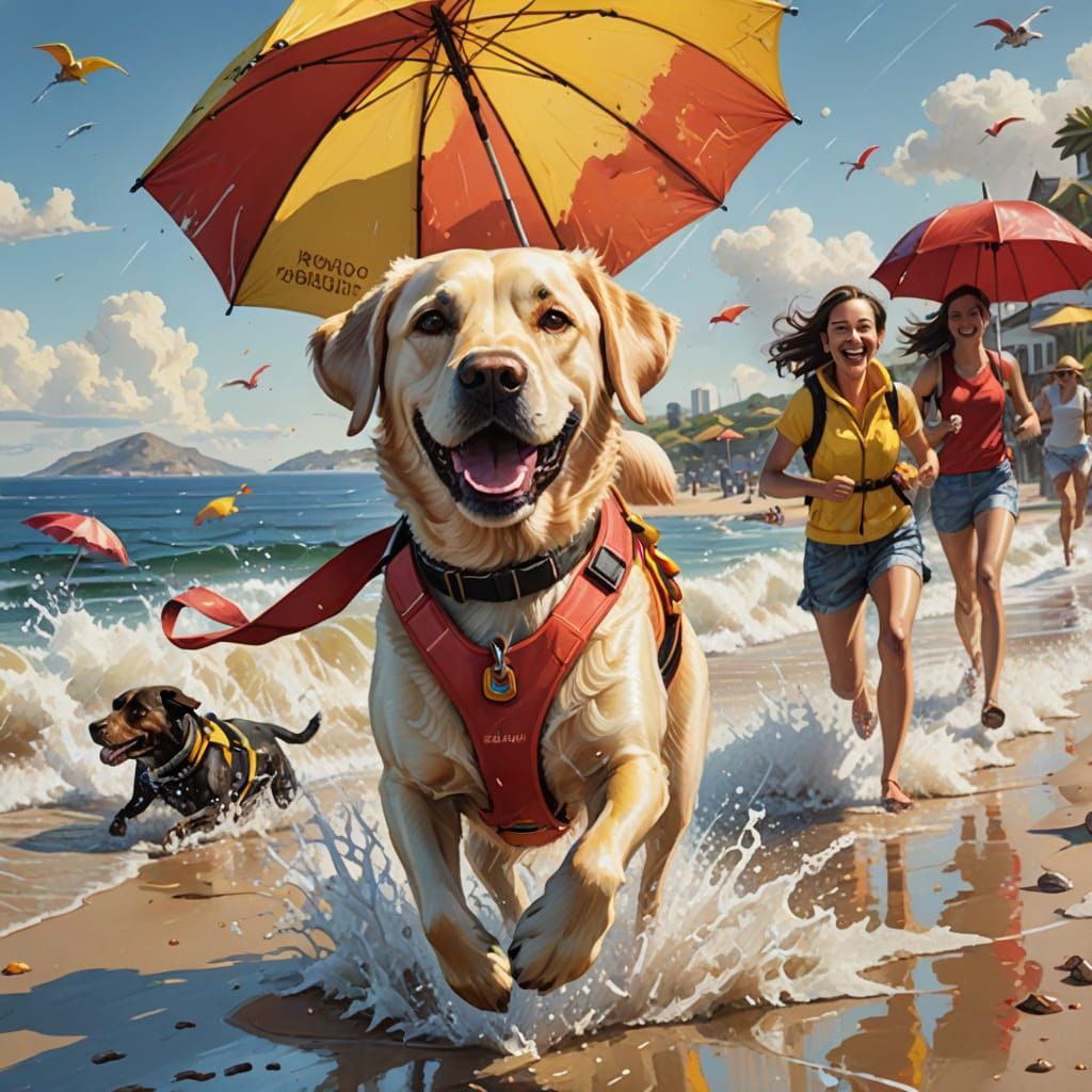 Girl Running Towards Sea with Labrador Dog in Yellow Life Ja...