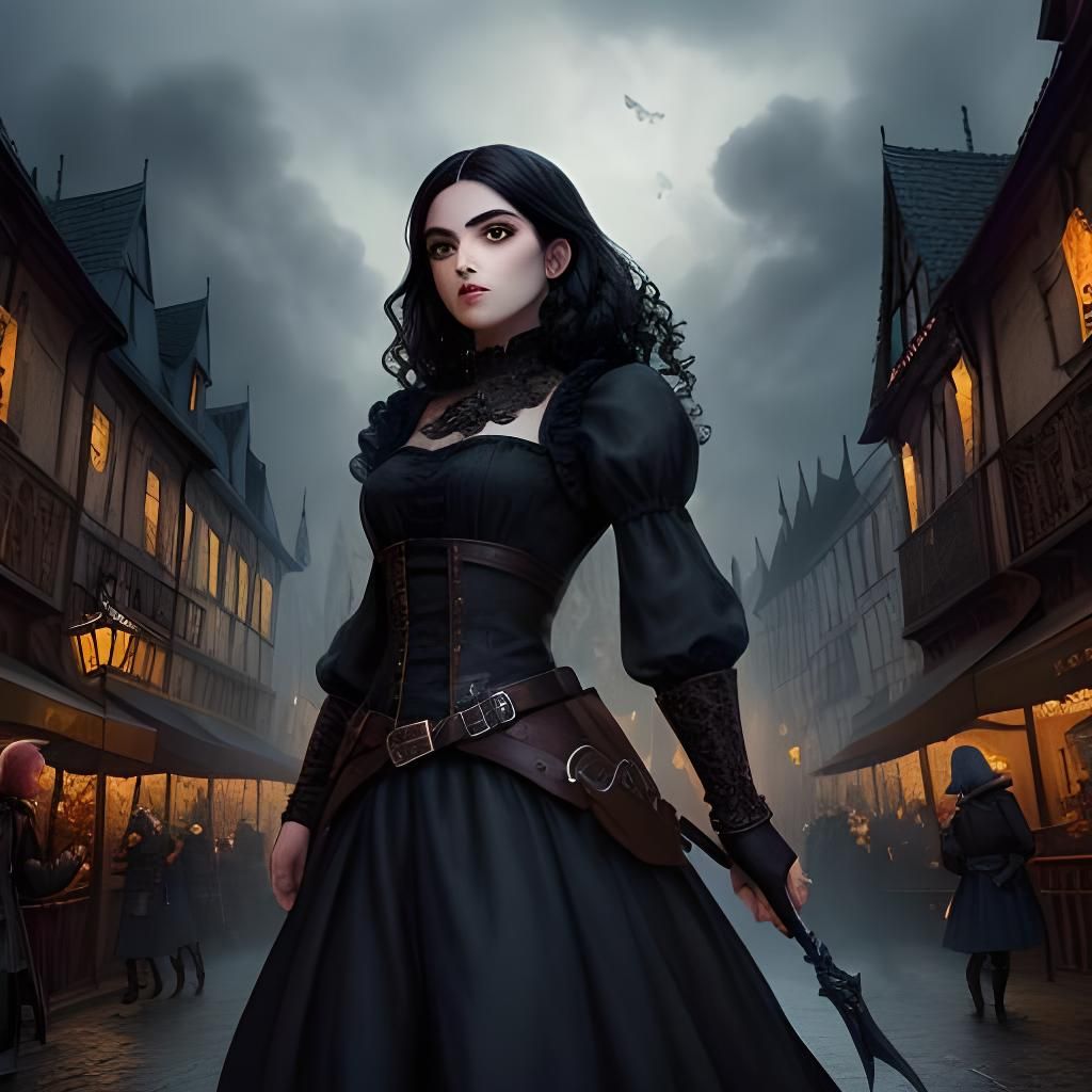Fantasy Rogue in Gothic Town Square: Watercolor Illustration