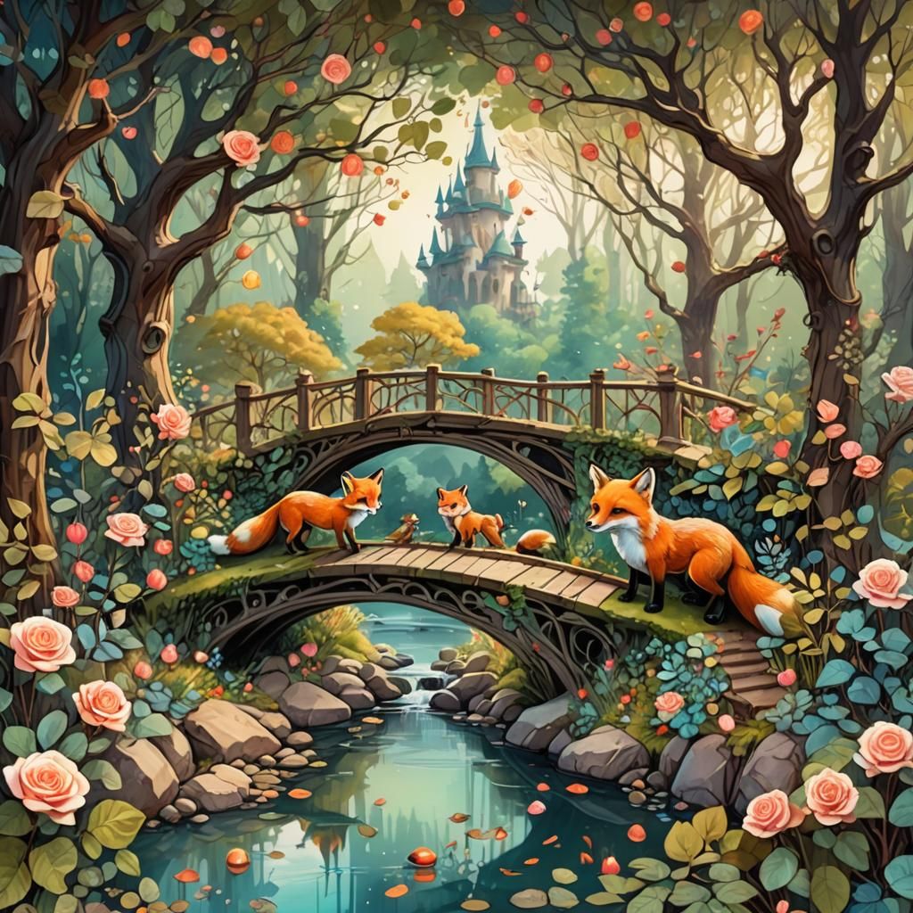 Enchanted Forest with Foxes in Fairy-Tale Style