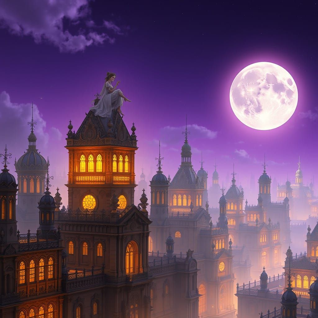 Majestic, Golden Cityscape with Celestial Maiden