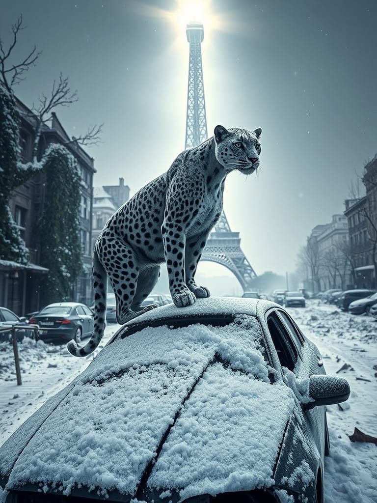 Snow Panther Majestically Standing on Ruined Car in Parisian...