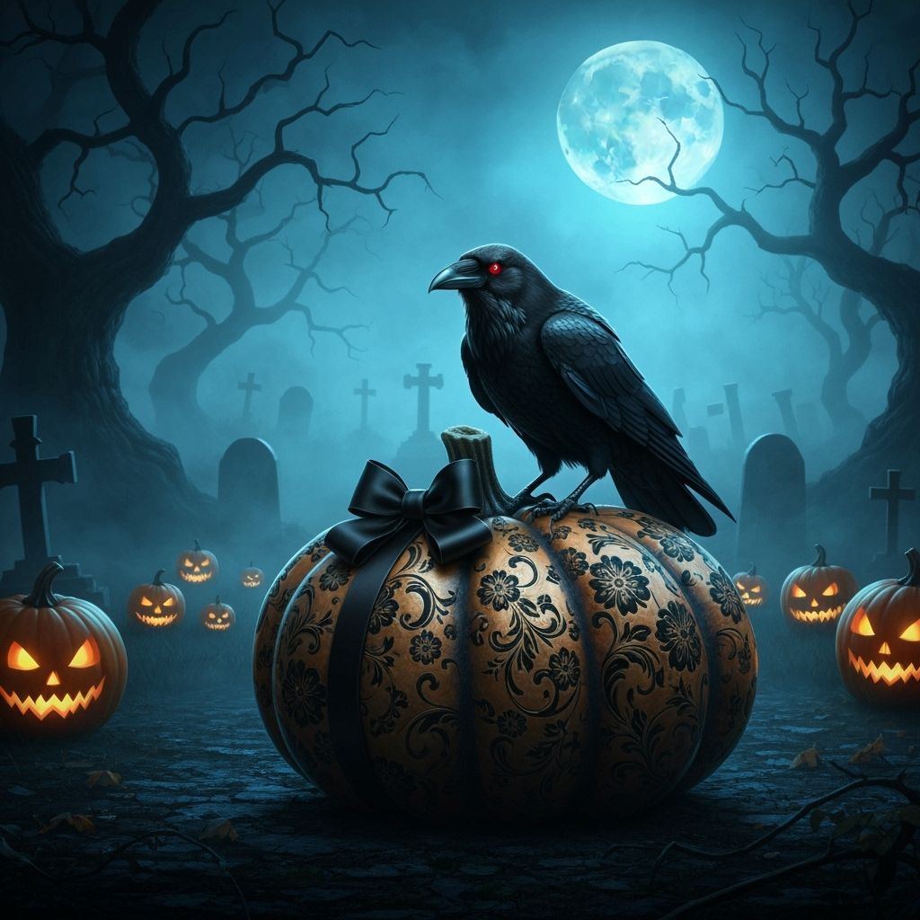 Eerie Halloween Graveyard with Raven and Ornate Pumpkin