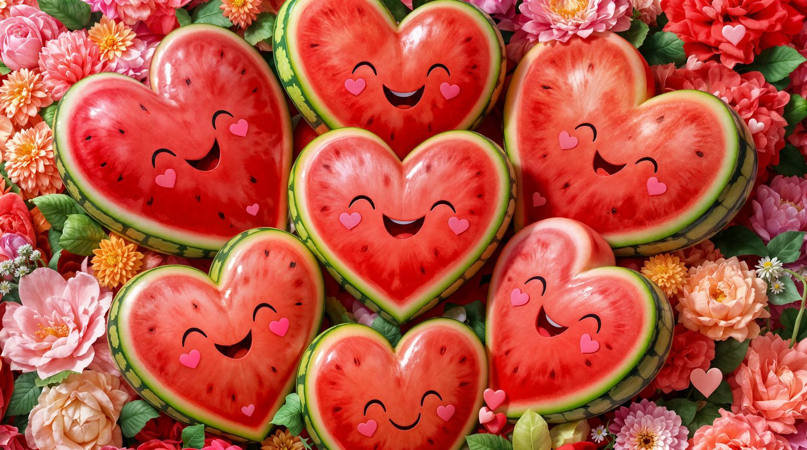 Vibrant Cartoon Watermelon Portrait in Whimsical Floral Surr...