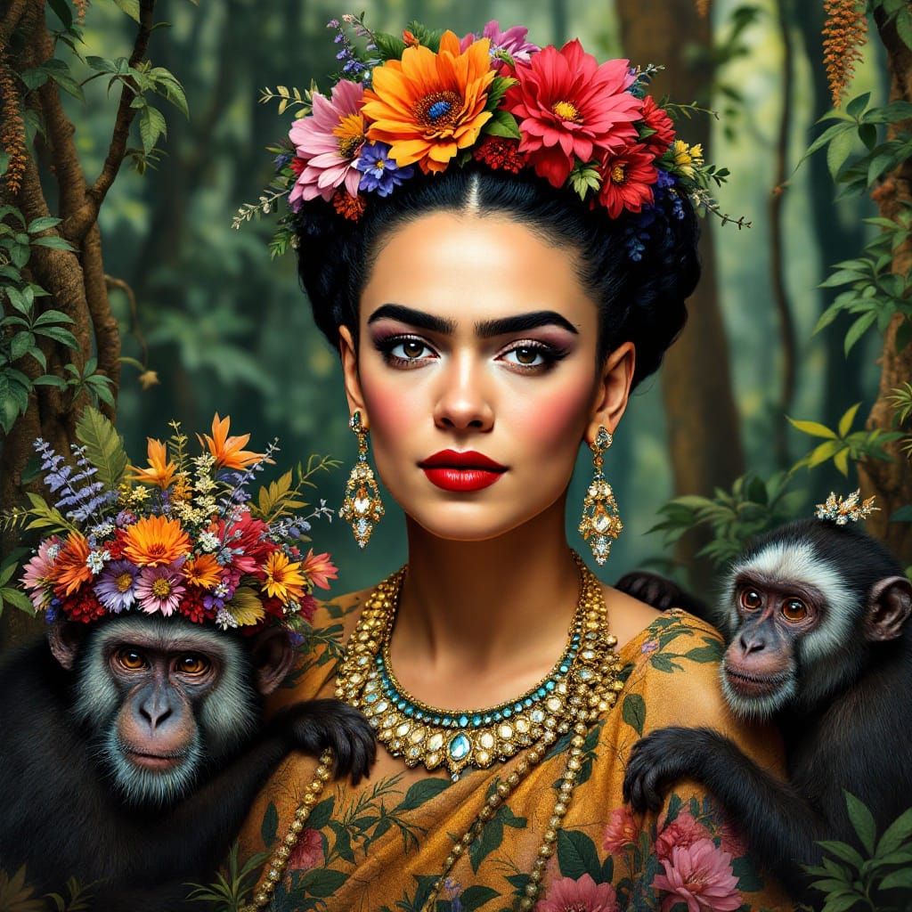 Frida Kahlo Artist with Exotic Monkeys in Vibrant 1970s Comi...