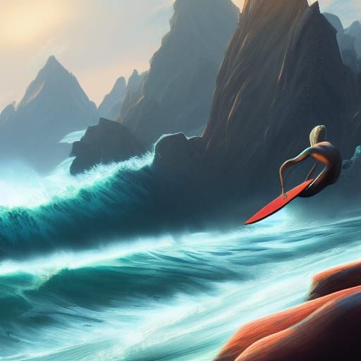 Surfer on Wave: Detailed Fantasy Concept Art