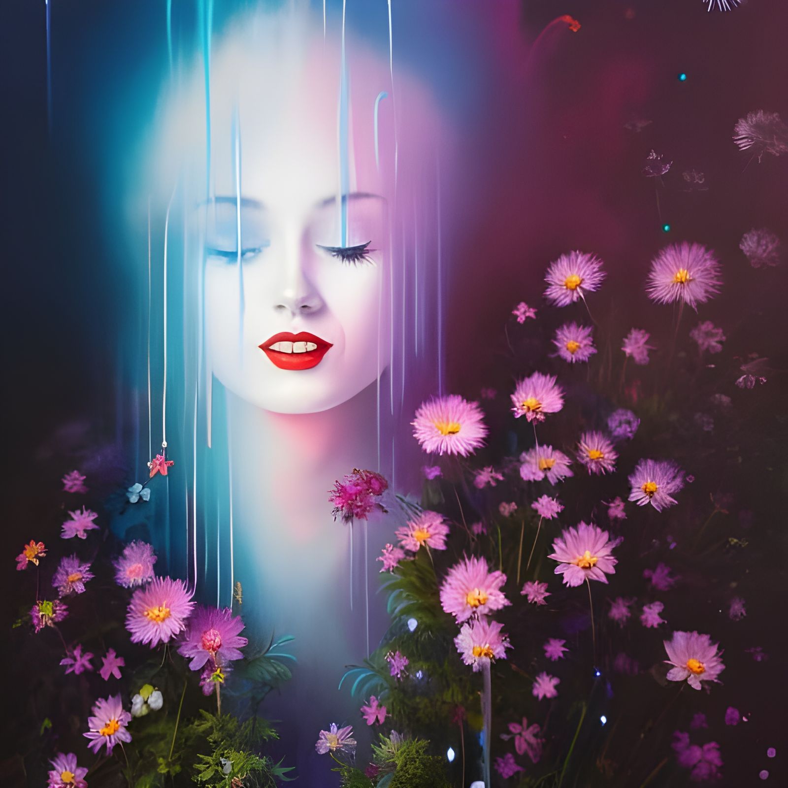 Eerie Haunted Woman Illustration with Dripping Paint