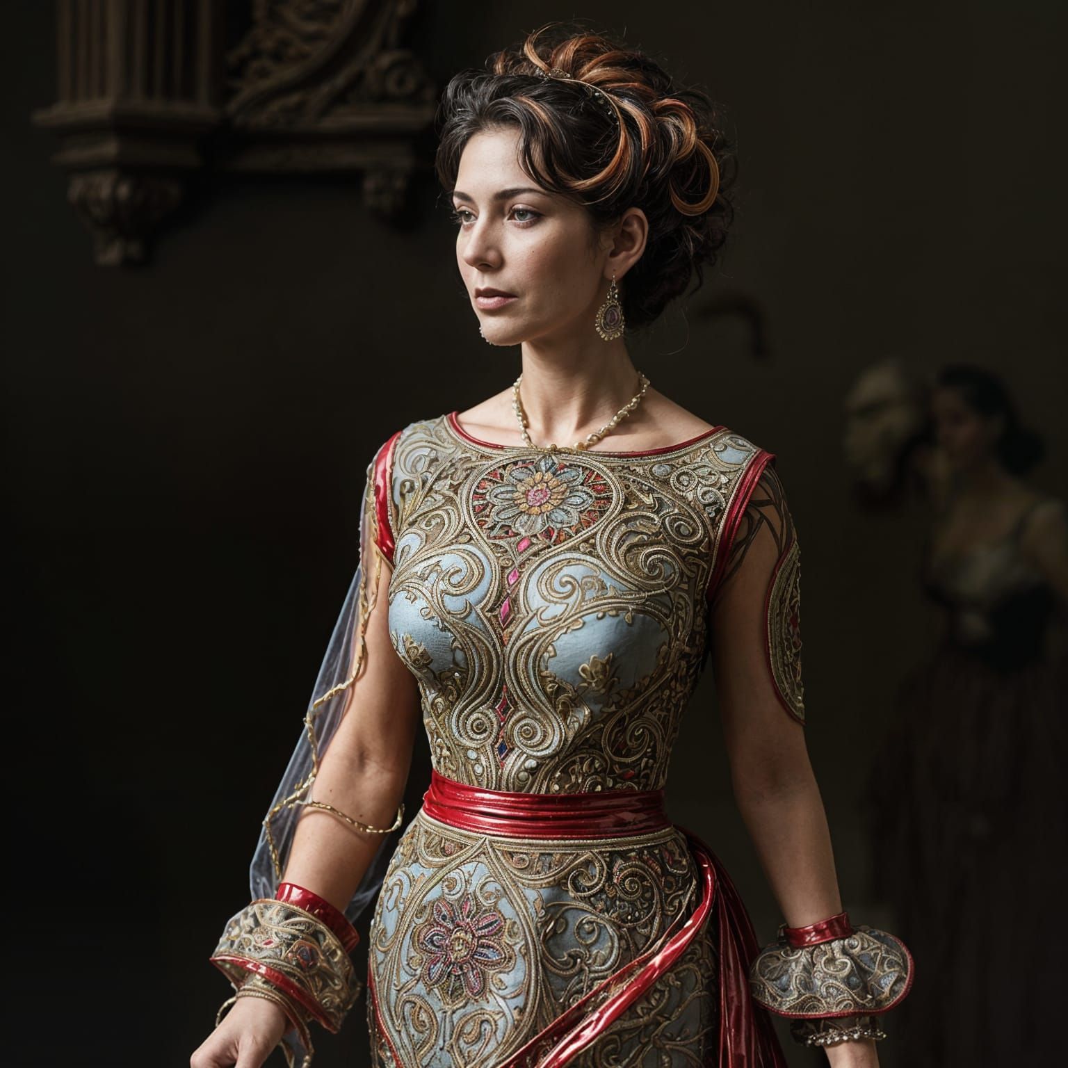 Beautiful Mature Woman in Intricate Latex Dress