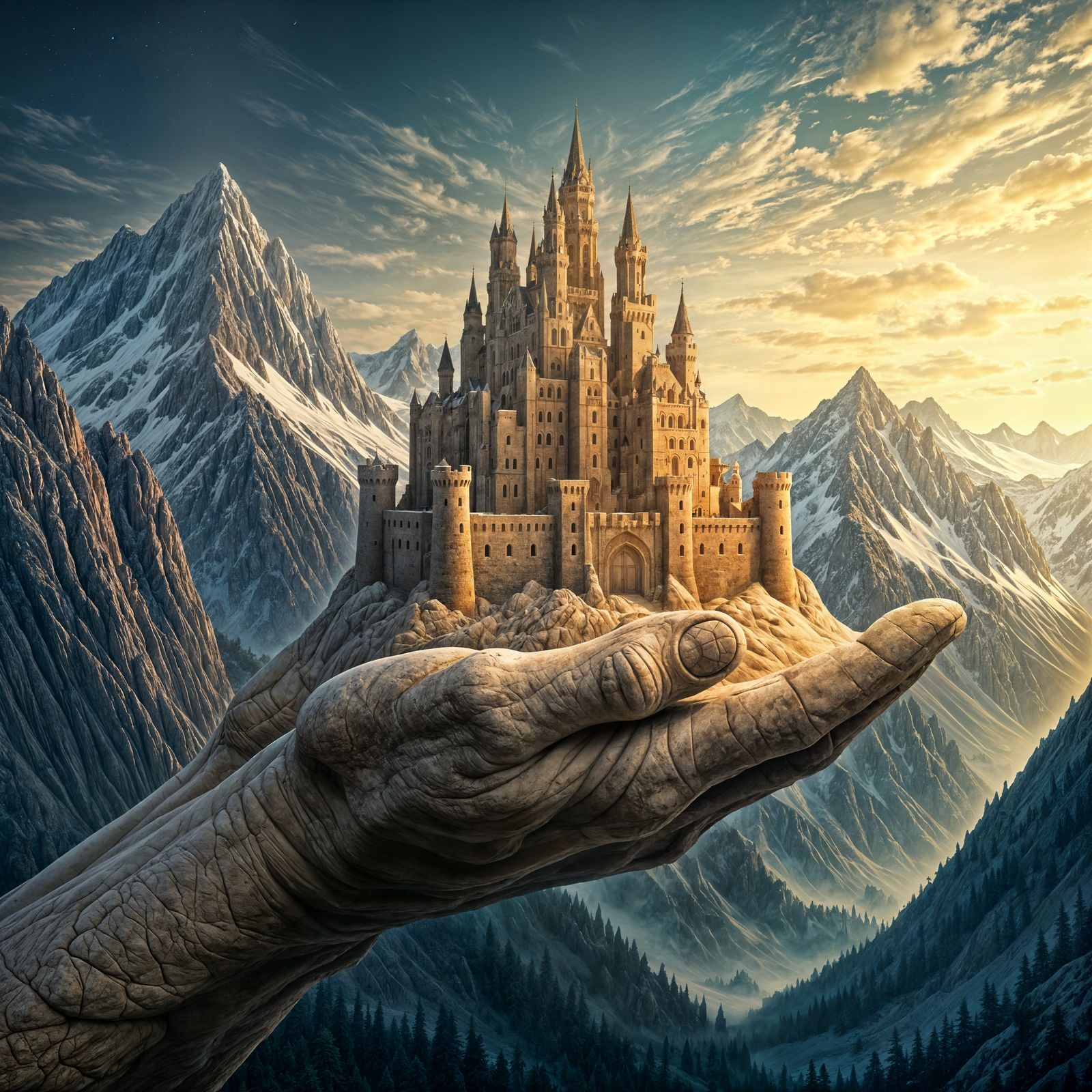 Giant Hand Holds Neuschwanstein Sandcastle