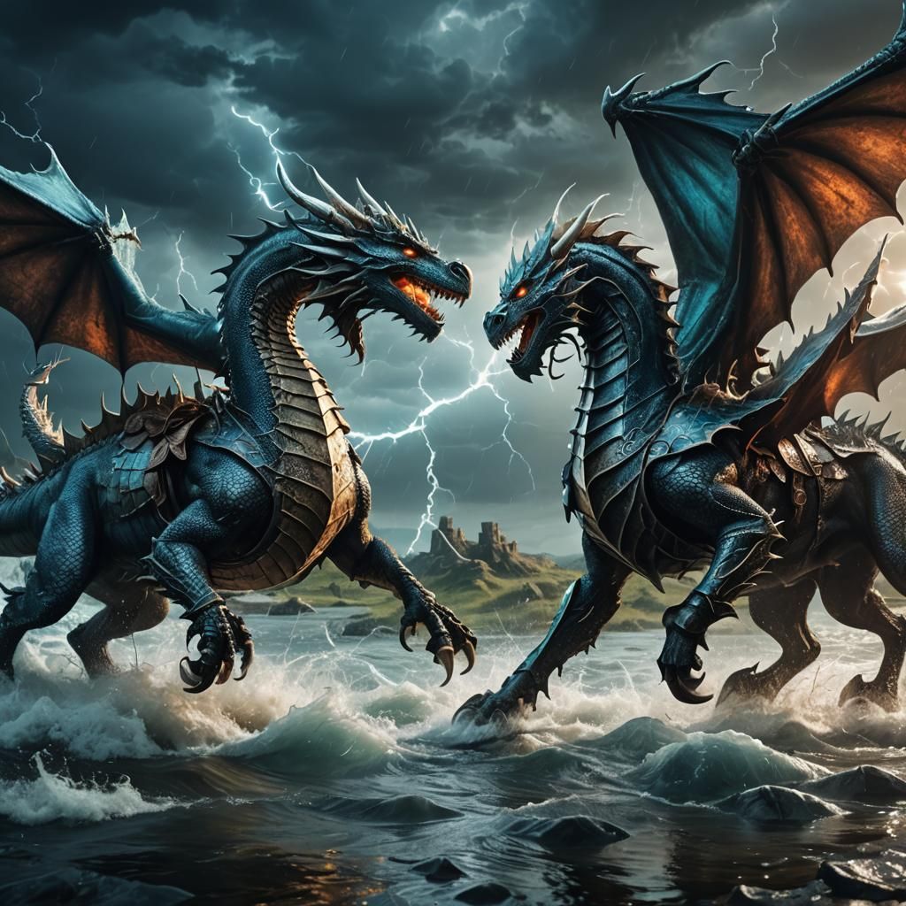 Dragon and Knight Battle in Stormy Floodplain