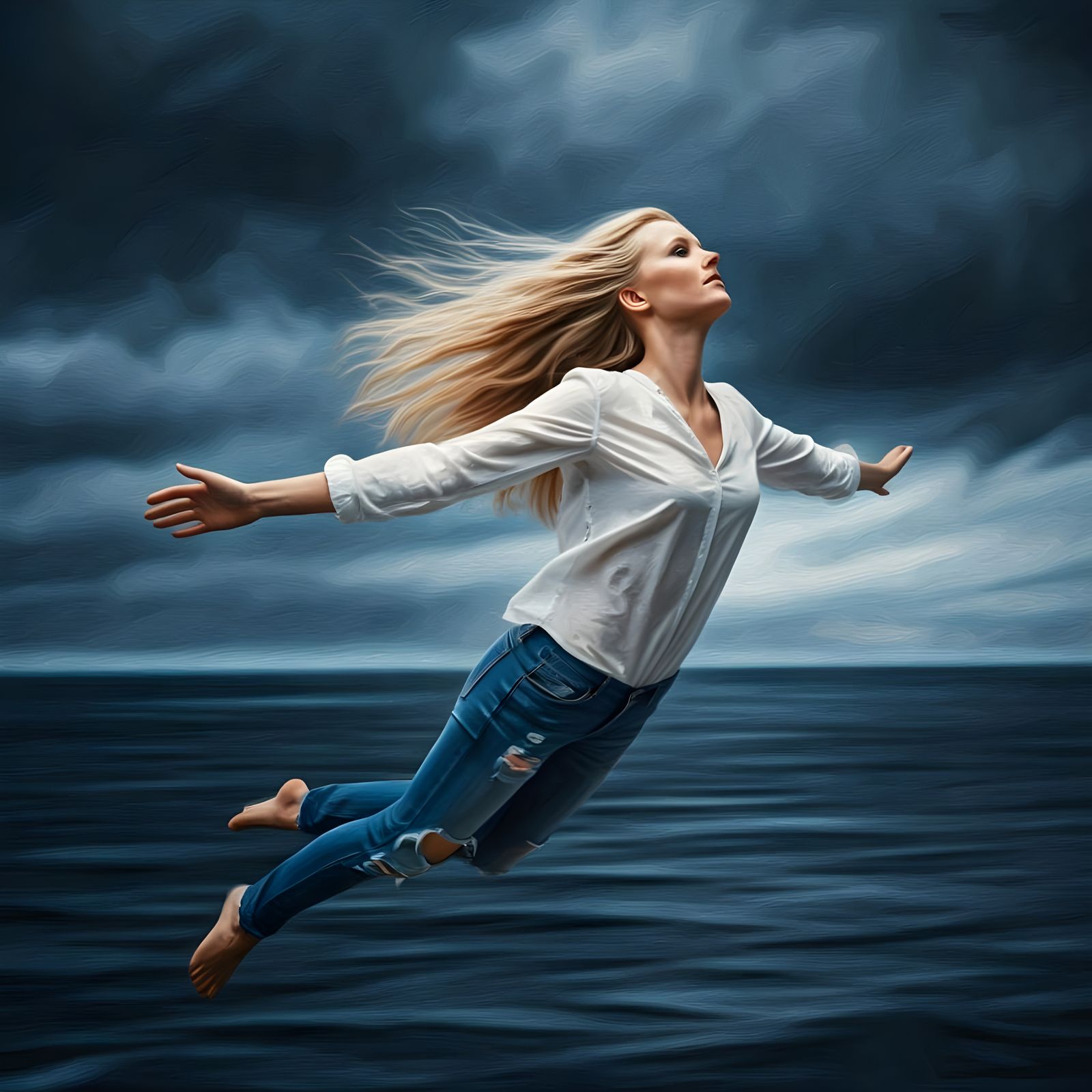 Nordic Woman Flying Through the Sky