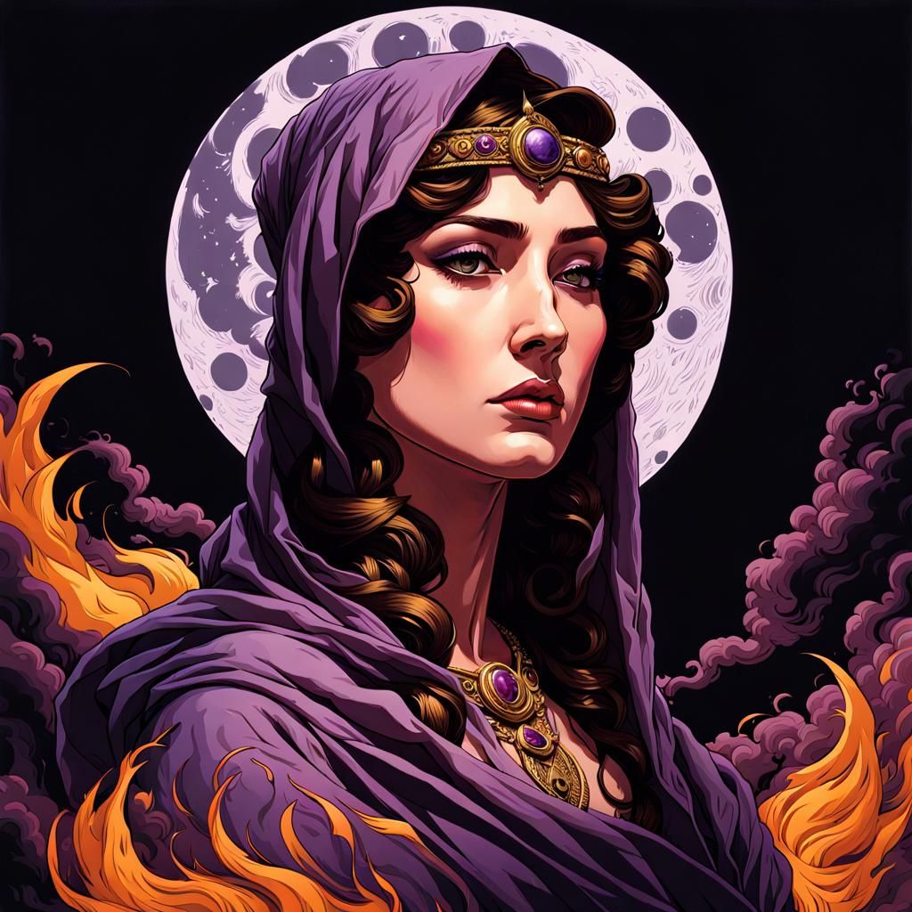 Sorceress in Purple Fire: Digital Art Portrait