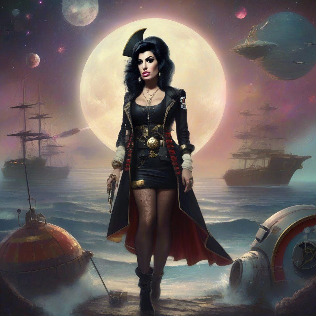 Portrait of Amy Winehouse as Space Pirate from disney movie "Pirates of the space".  Intricate _details. Elaborate backg...