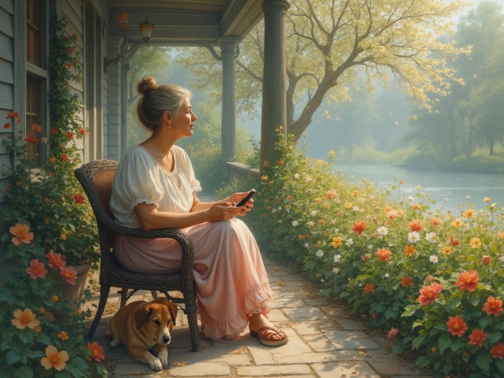 Elderly Woman on Veranda in Ethereal Fantasy Style