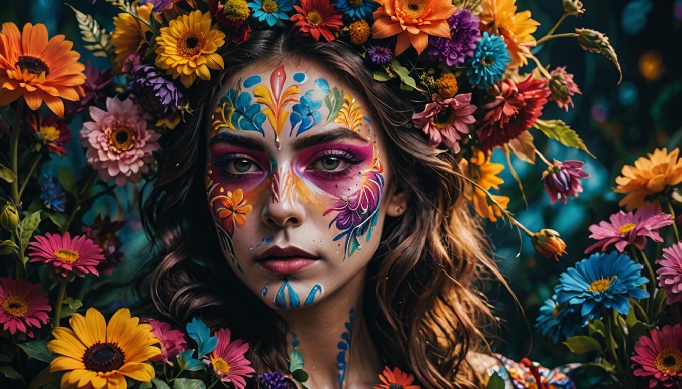 Vibrant Floral Portrait with Rainbow Colors