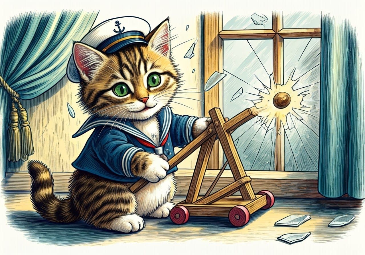 Style of Tenniel, a drawing of a tabby kitten wearing a sailor suit and breaking a window with a catapult