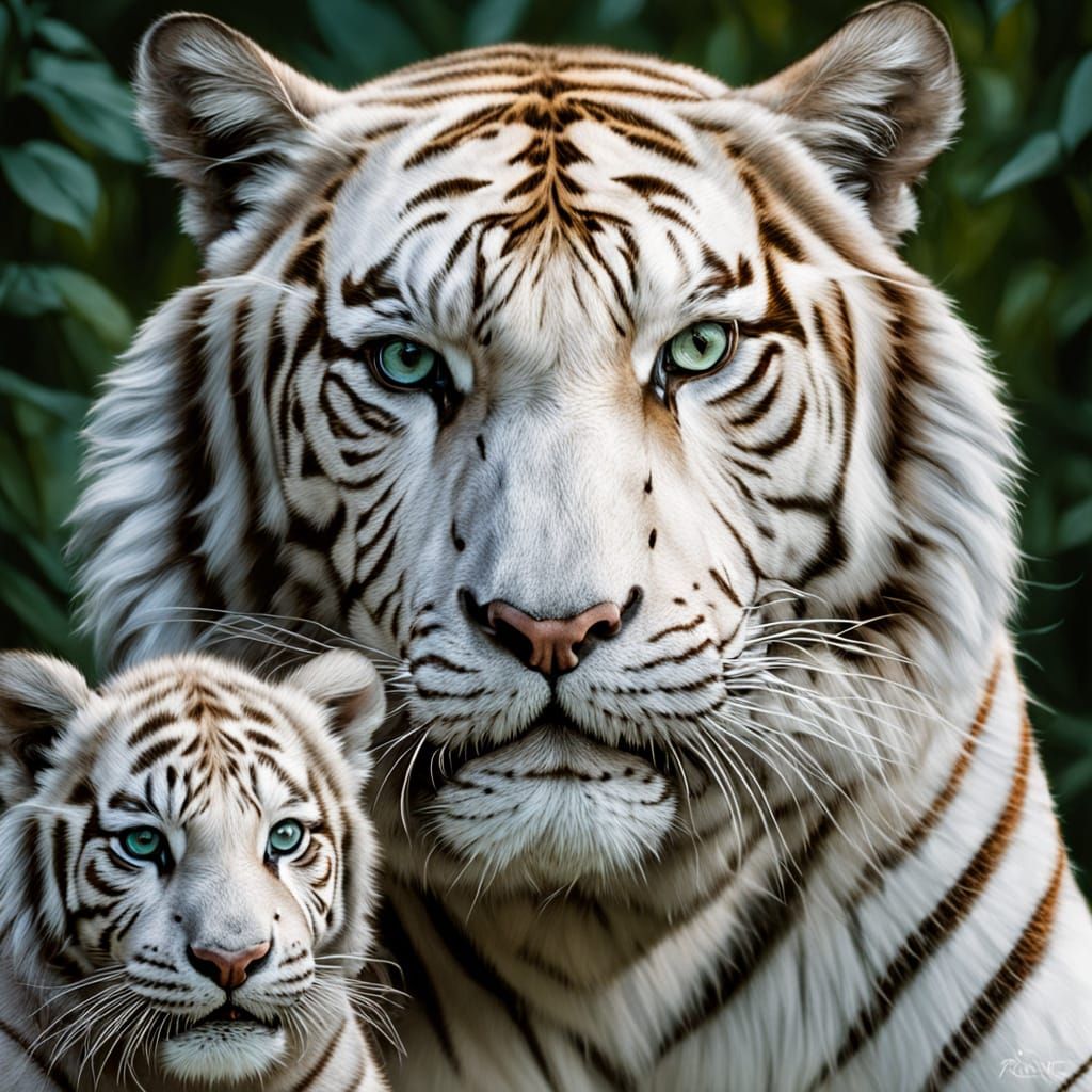 Majestic White Tiger Mother and Baby in Jungle Portrait