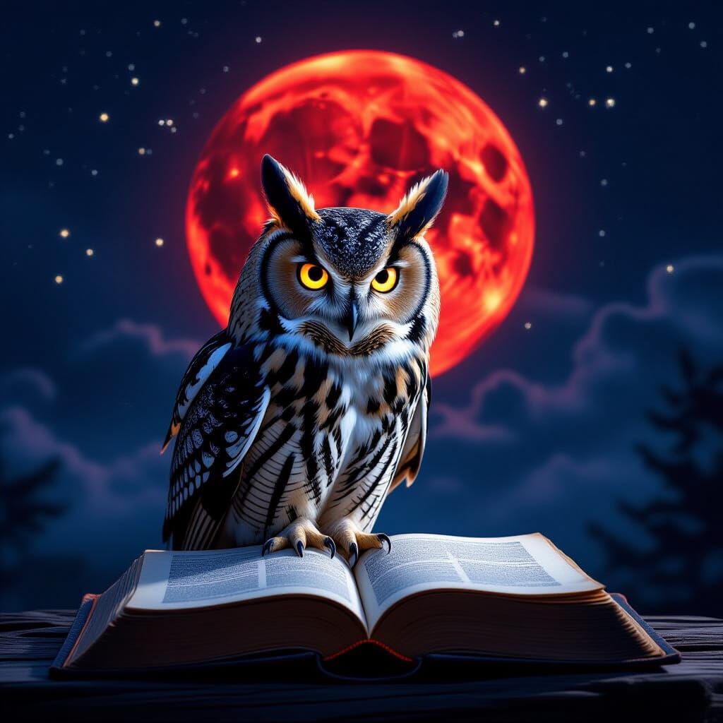 Wise Owl on Ancient Book Under Crimson Moon