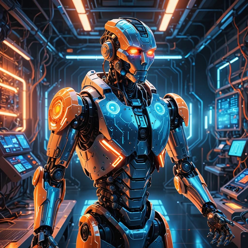 Sci-Fi Robot Absorbing Solar Energy in Neon Lab