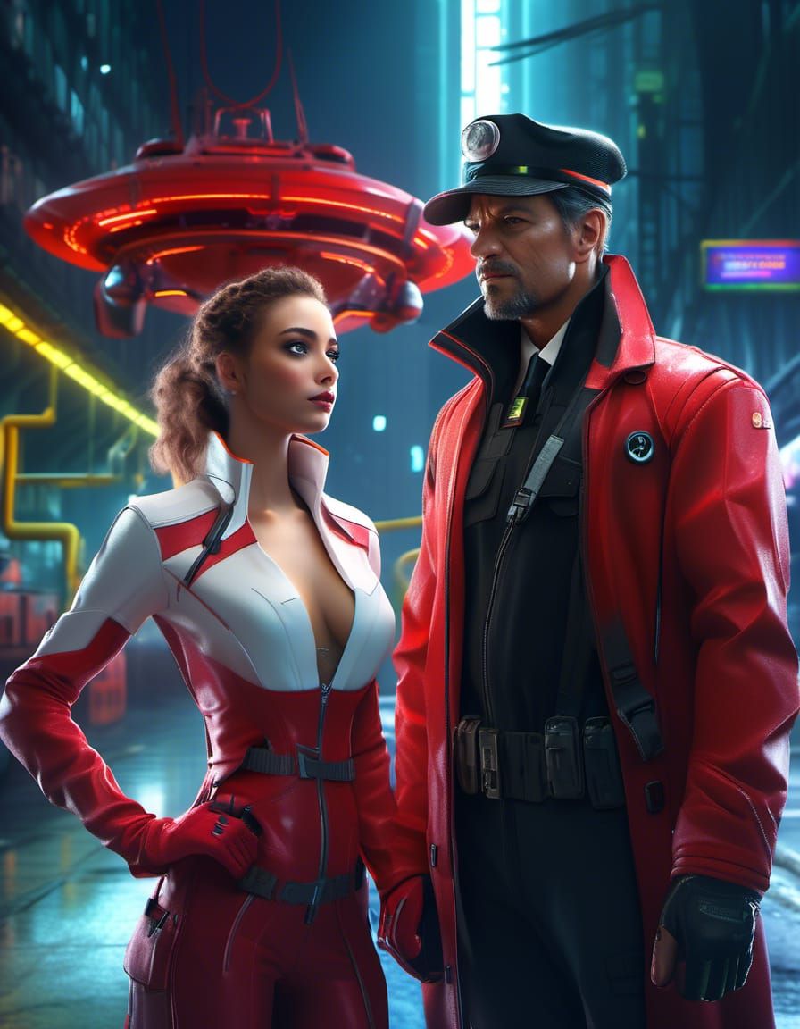 Cyborg and Girl Arrive at Neon Dystopia
